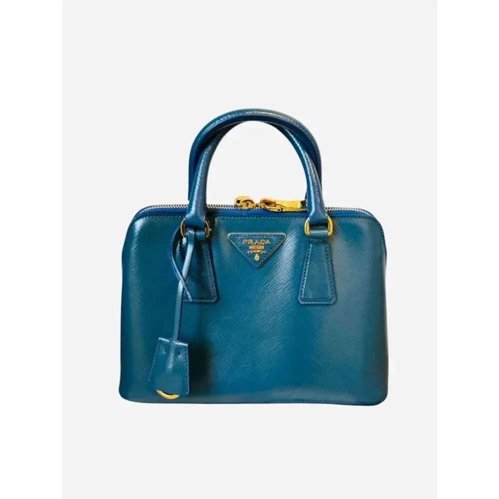 Prada Azzuro Saffiano Vernice Leather Bowler Double-Top Handle Lux Promenade Bag